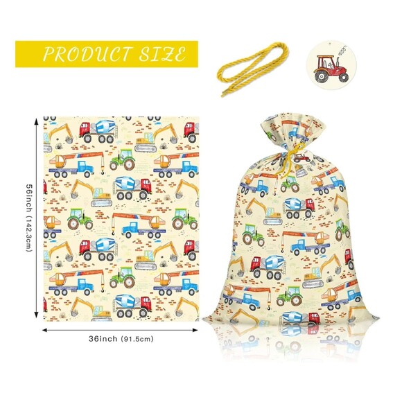Loveinside Extra Large Plastic Gift Bag Construction Trucks 56 x 36-in Gift Tag - Picture 2 of 5